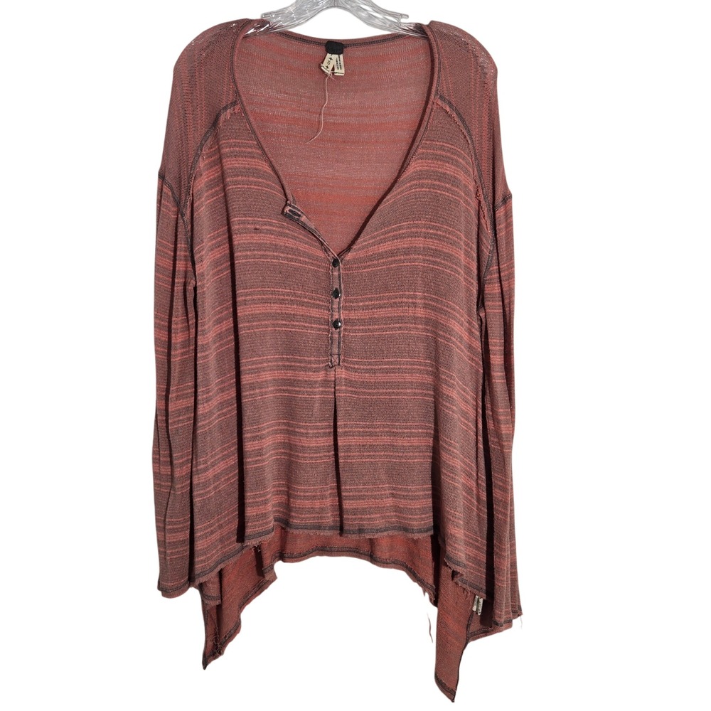 Free People Sz S Striped Distressed Hem Henley Tunic Top Coral‎ Grey Womens